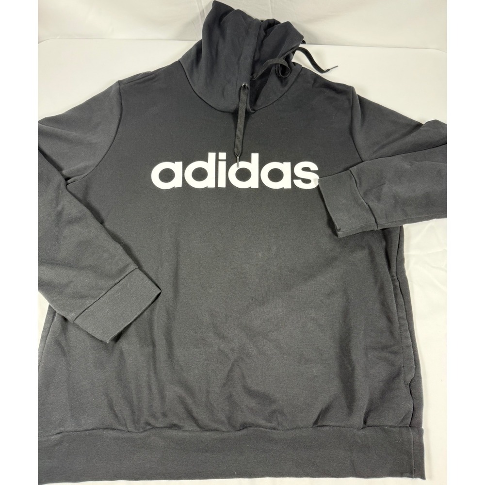 Adidas Womens XL Black Pullover Hoodie White Logo French Terry Sweatshirt Pocket